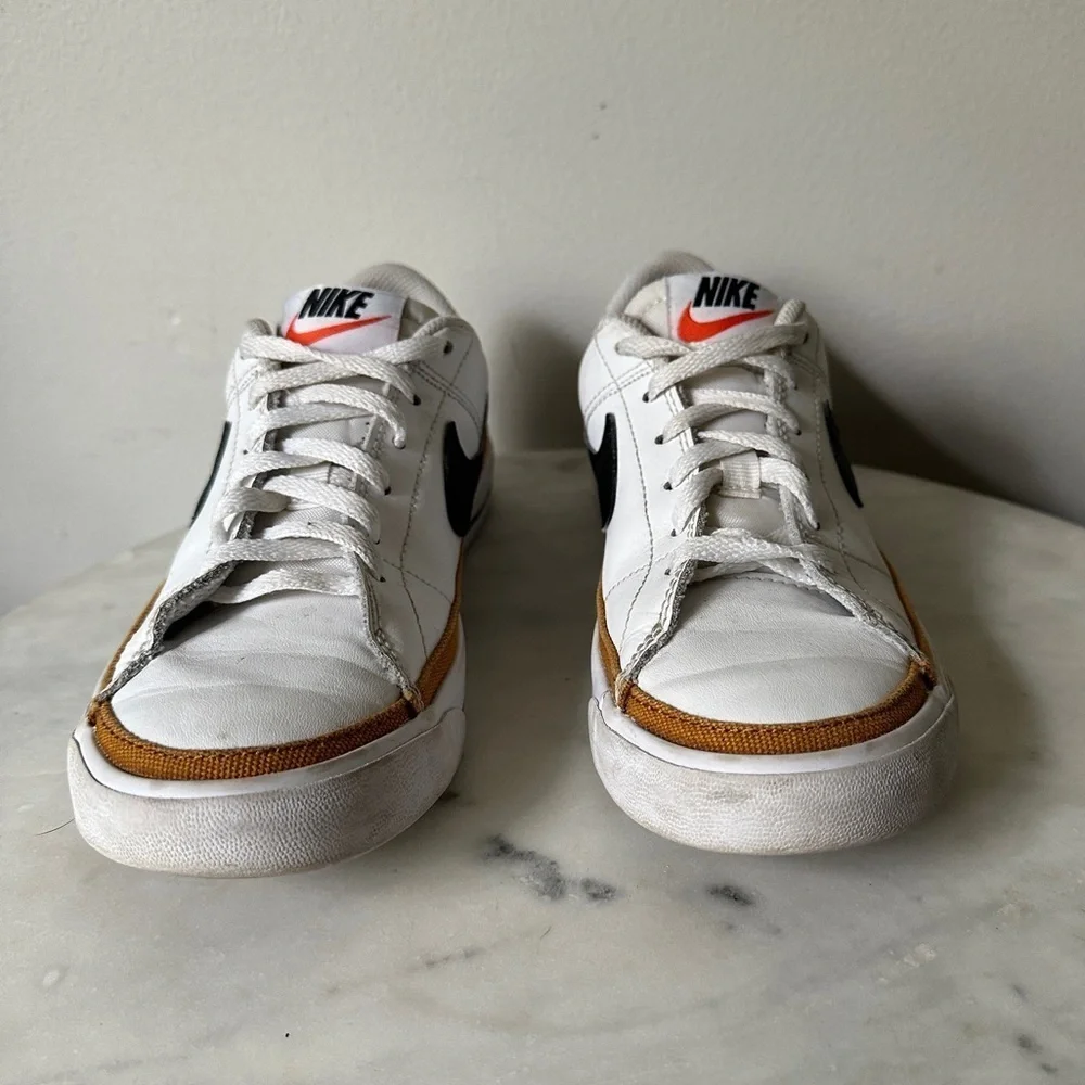 Nike Court Legacy 3.5Y White Sneakers with Black Swoosh and Brown Accents